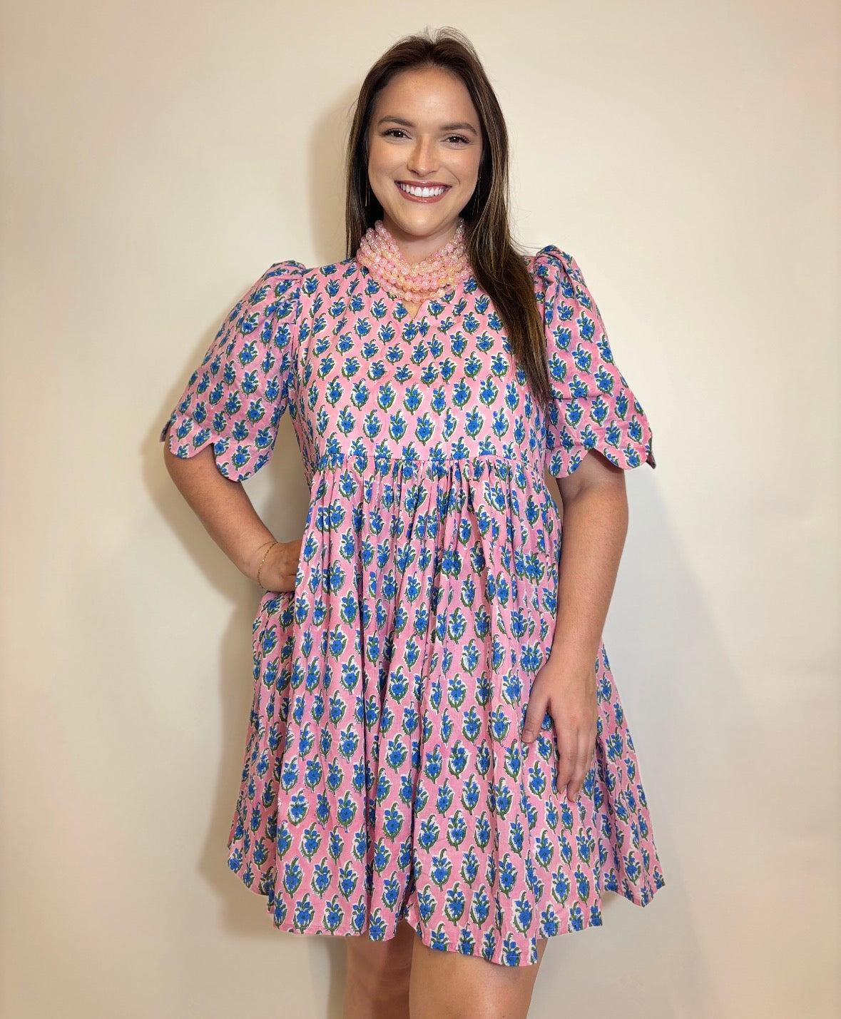 Blue Blossoms Scalloped Mini Dress