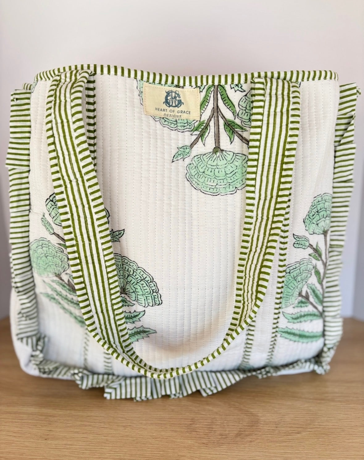 Green Haven | Large Quilted Ruffle Tote Bag