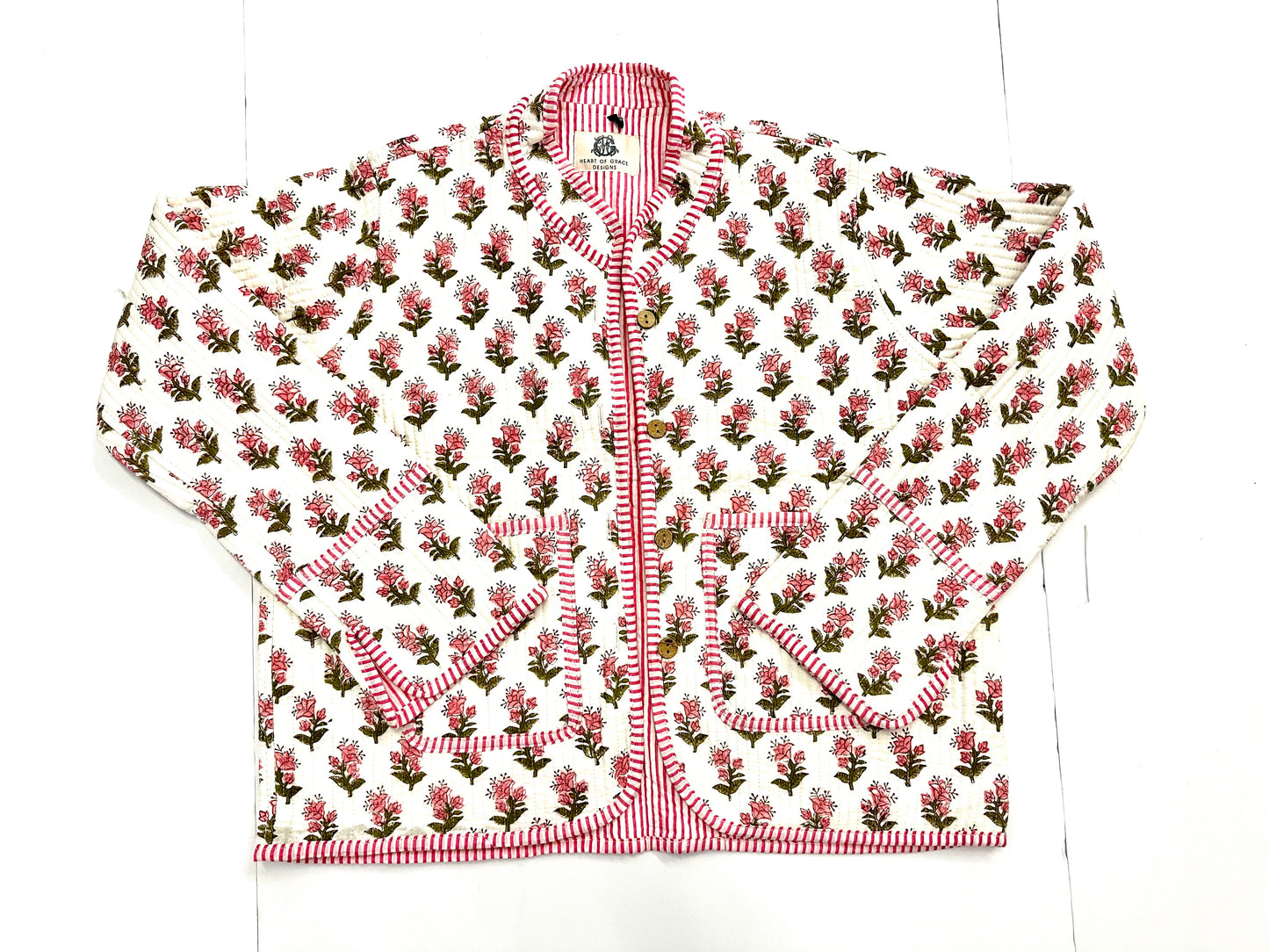 Pink Floral | Quilted Block Print Jacket