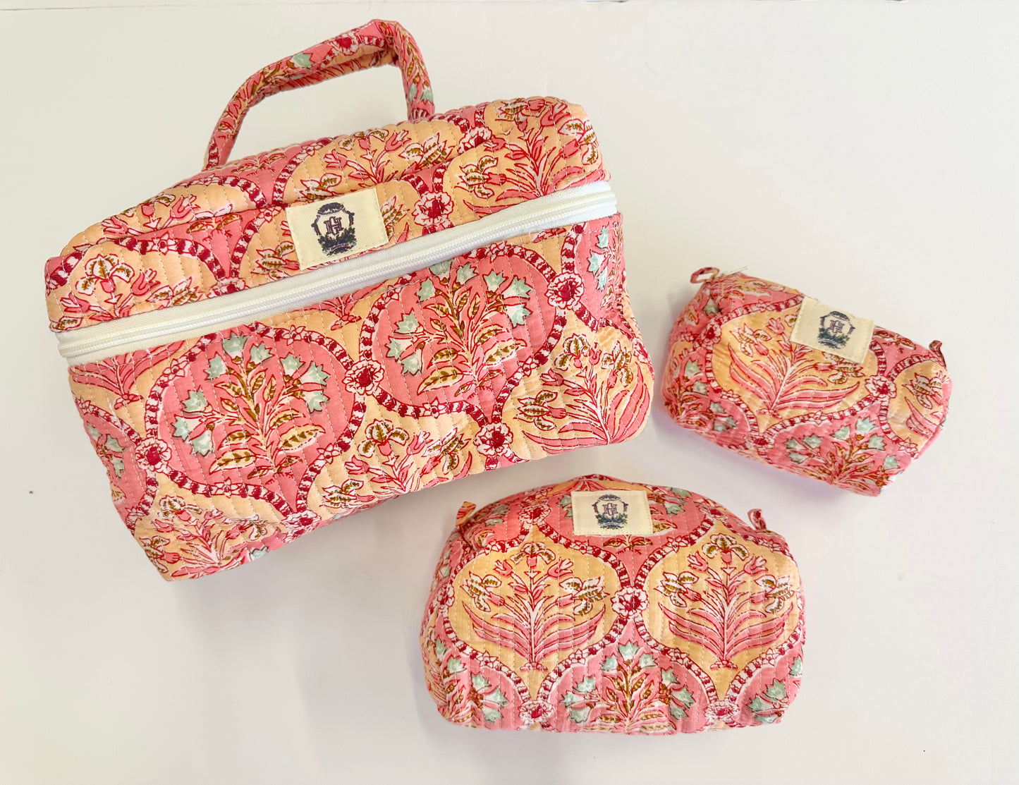 Pink trellis cosmetic bag set of 3