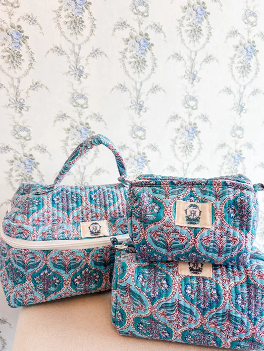 Blue trellis cosmetic bag set of 3