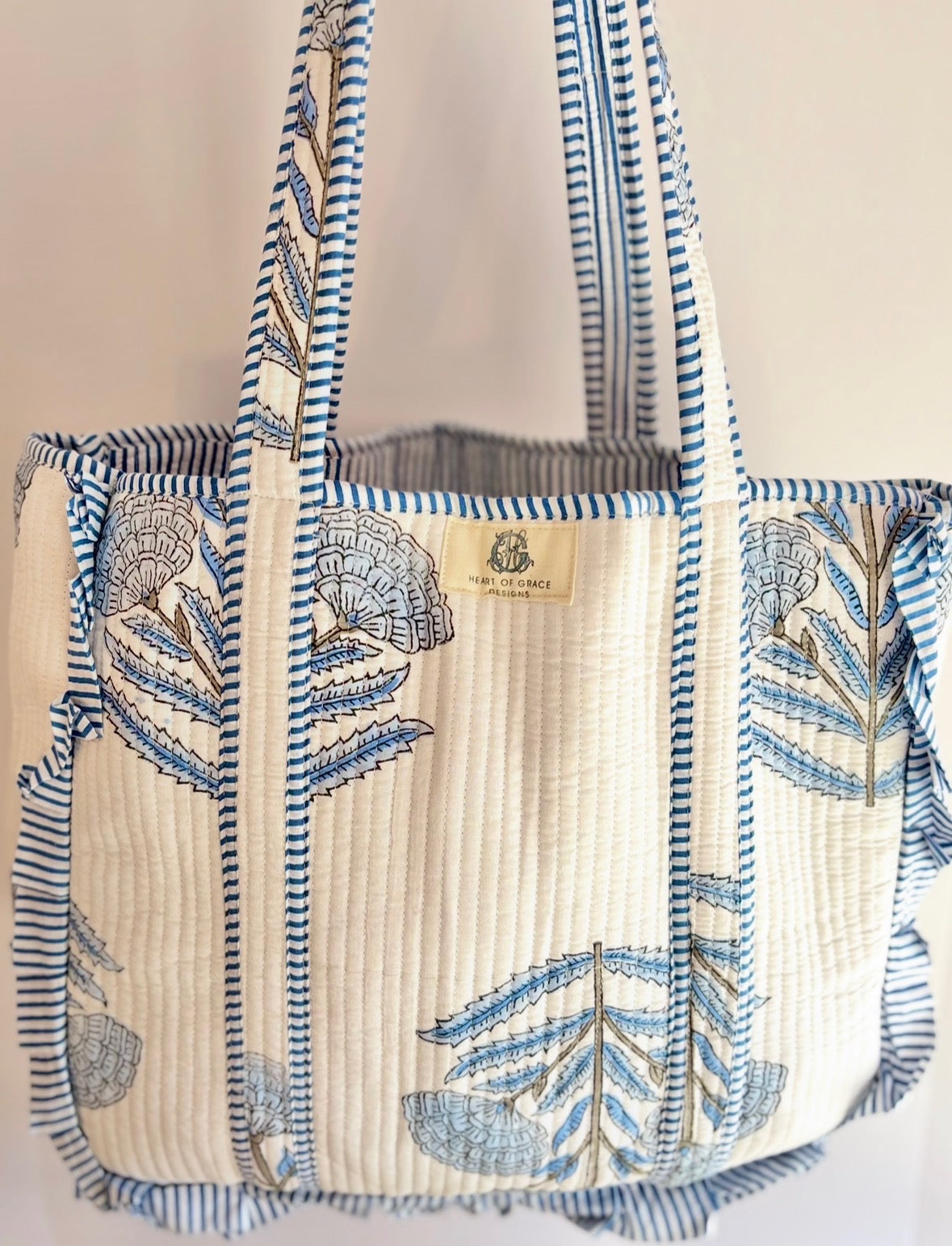 Blue Heron | Large Quilted Ruffle Tote Bag
