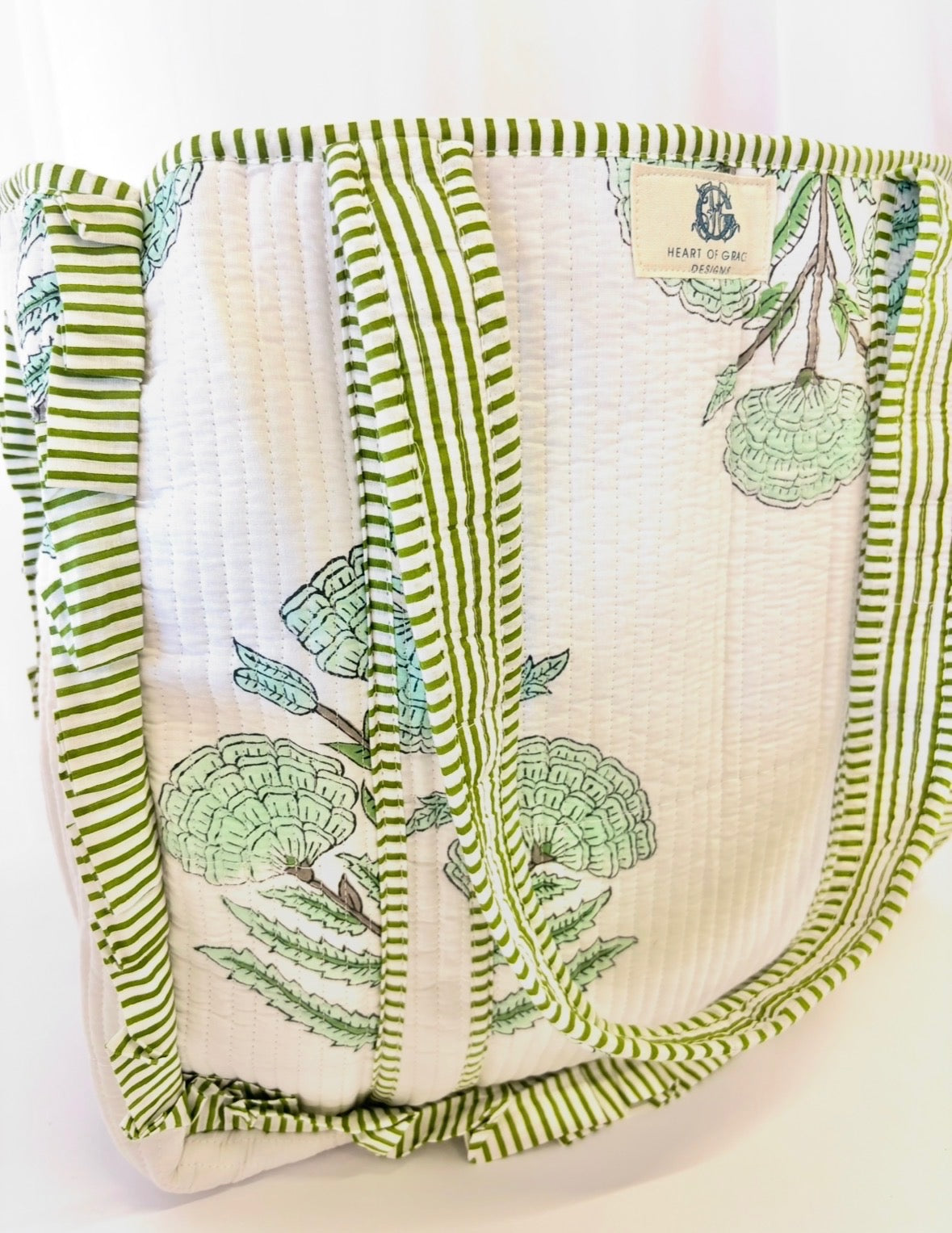 Green Haven | Large Quilted Ruffle Tote Bag 