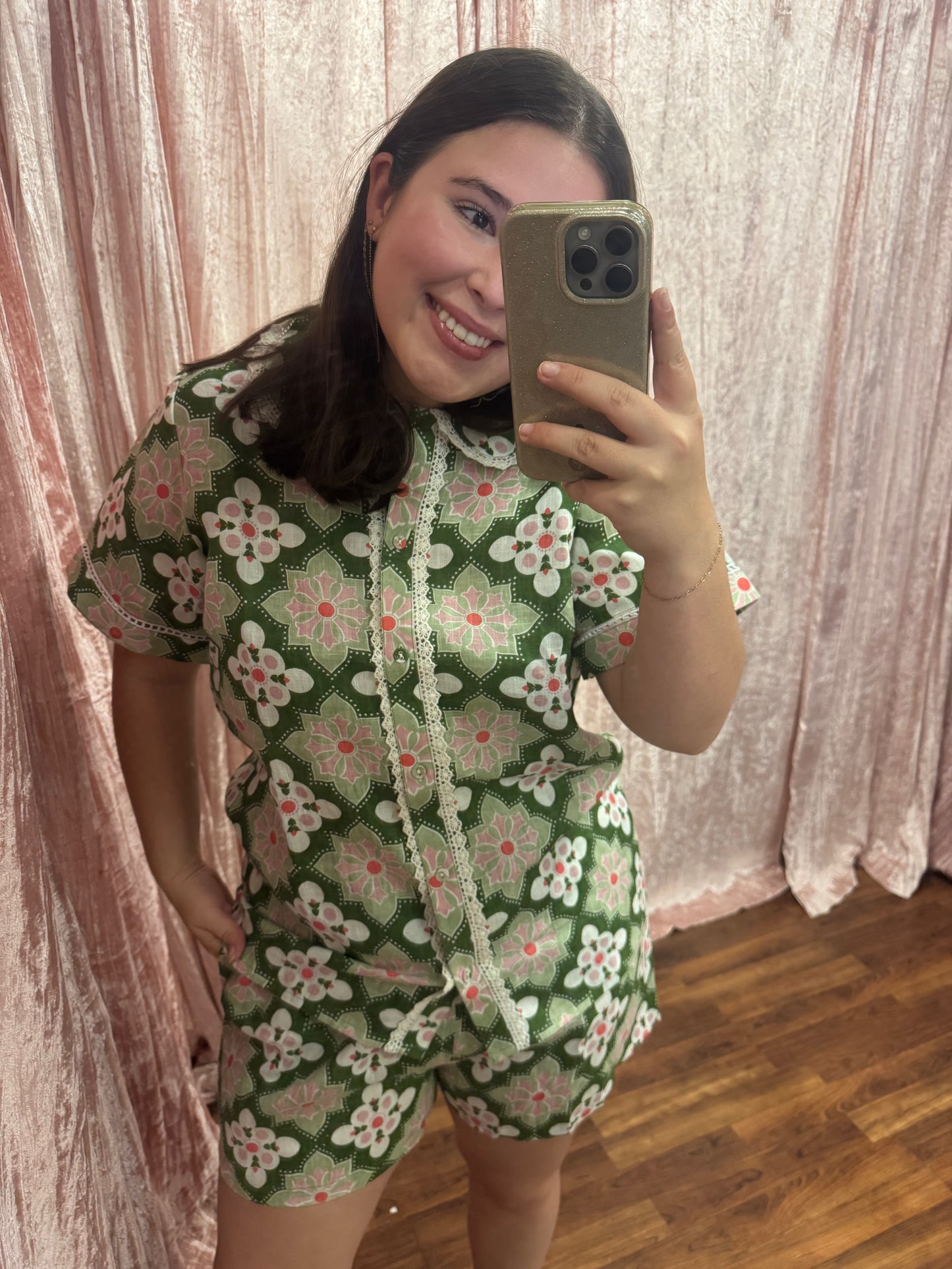 Green Medallion | Linen Short Set | SAMPLE