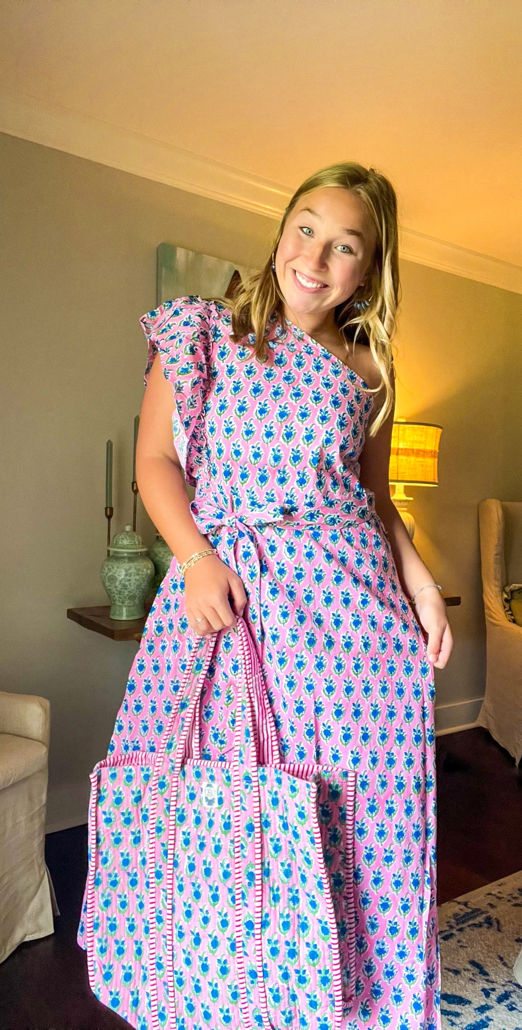 Blue blossom one shoulder dress