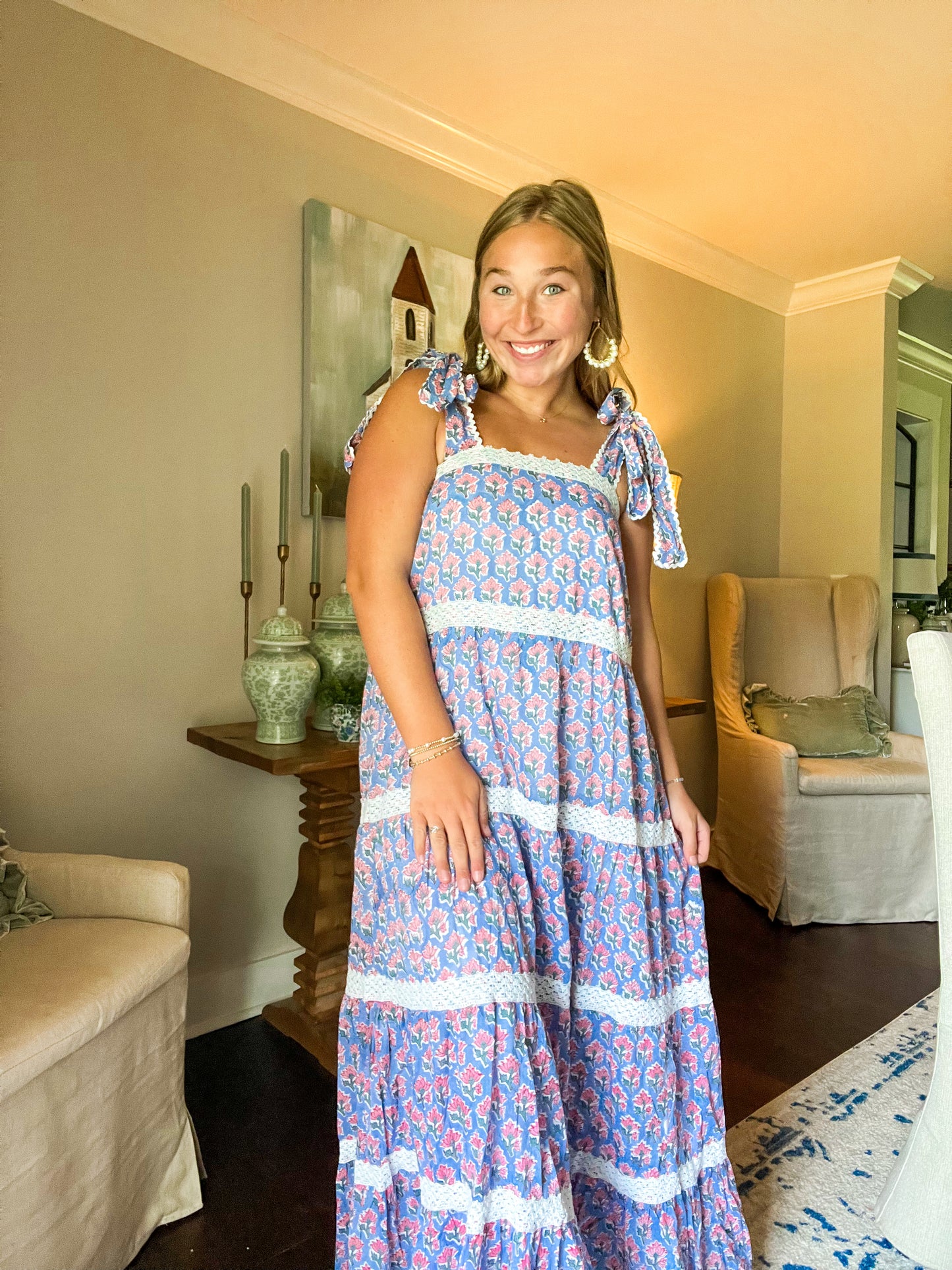 Pink Blossom Bow Tie Maxi Dress