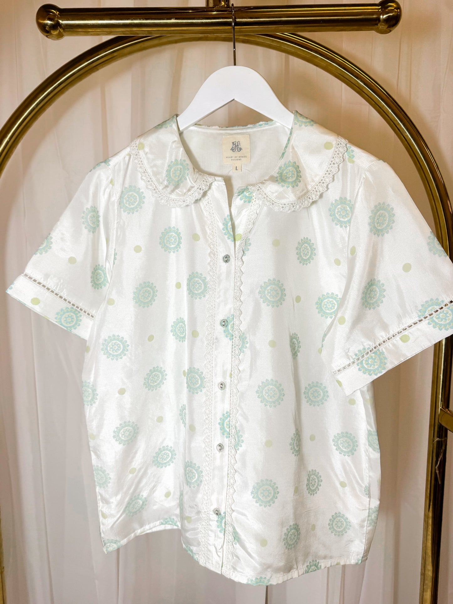Green Dot Satin Embroidered Top