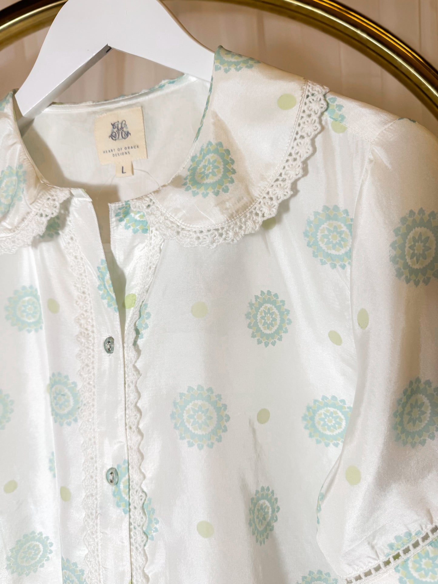 Green Dot Satin Embroidered Top