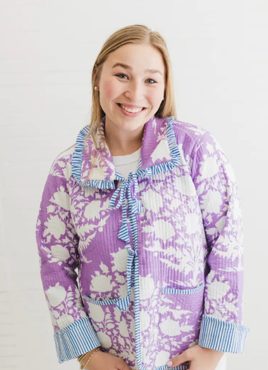 Lilac Blossom | Quilted Block Print Ruffle Bow Jacket