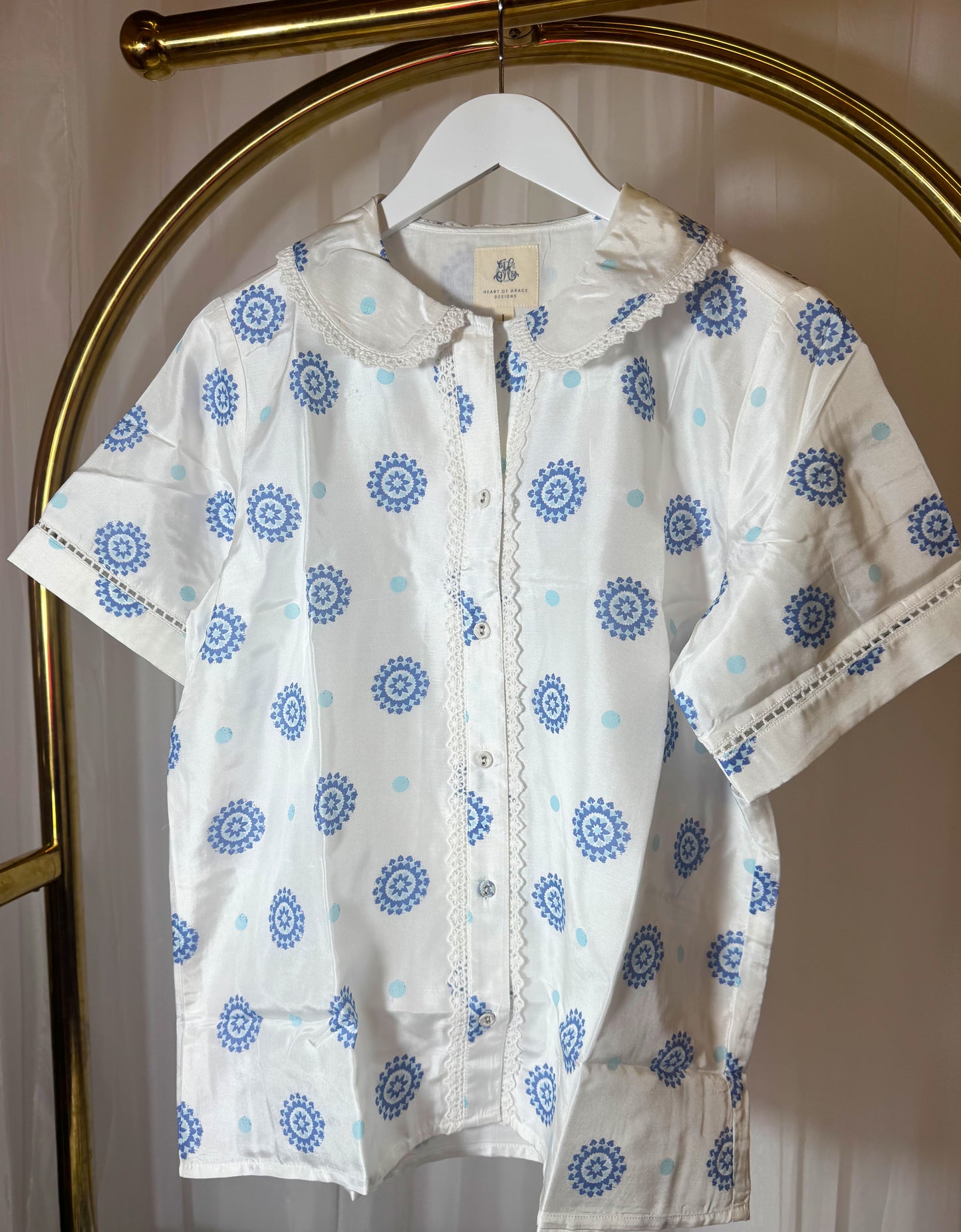 Blue Dot Satin Embroidered Top