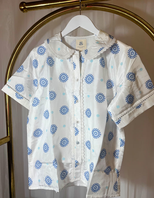 Blue Dot Satin Embroidered Top